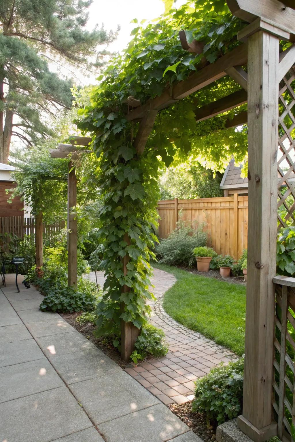 Trellises contribute both height and verdant beauty without占用ground area.