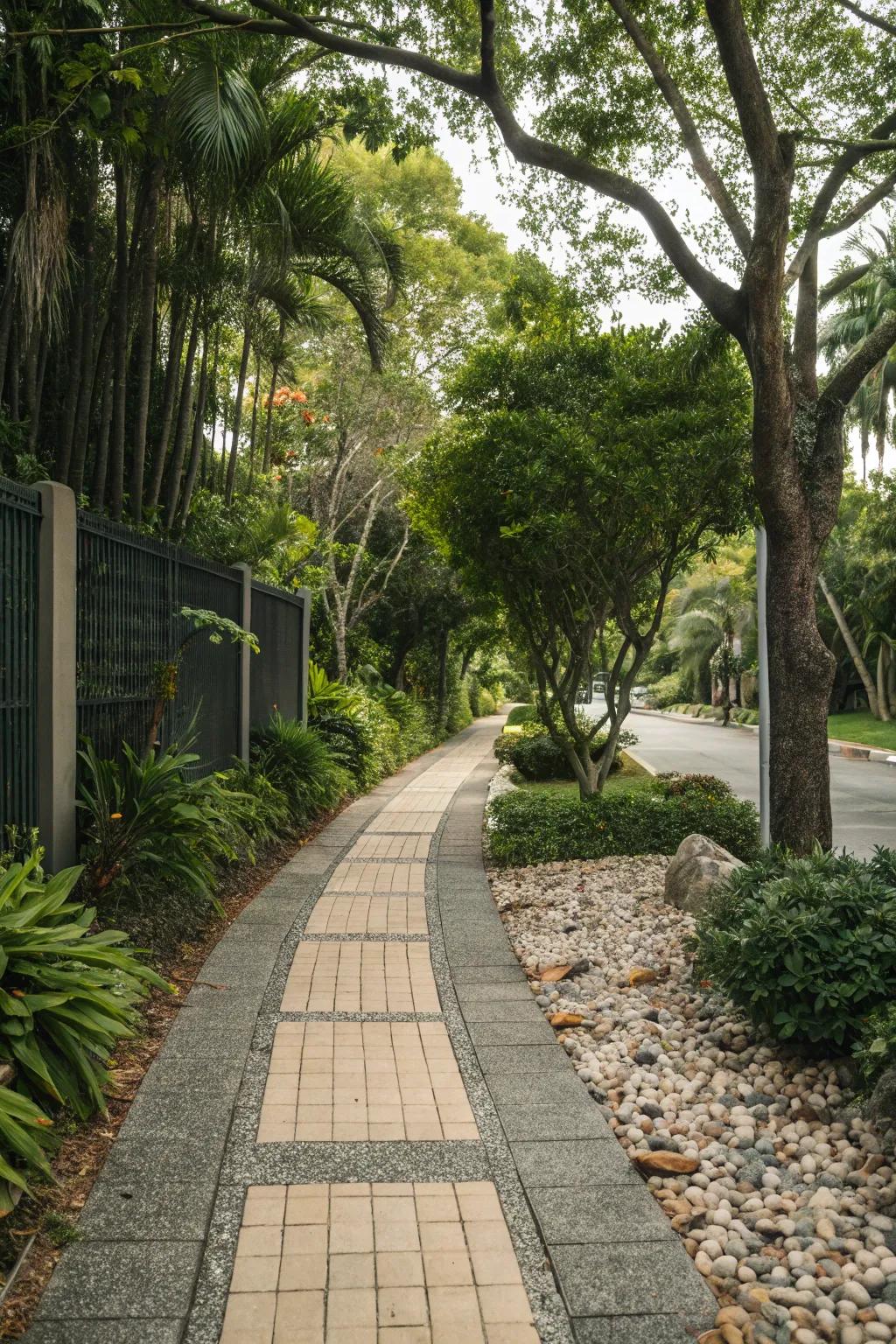 Diverse materials generate a visually stimulating sidewalk.