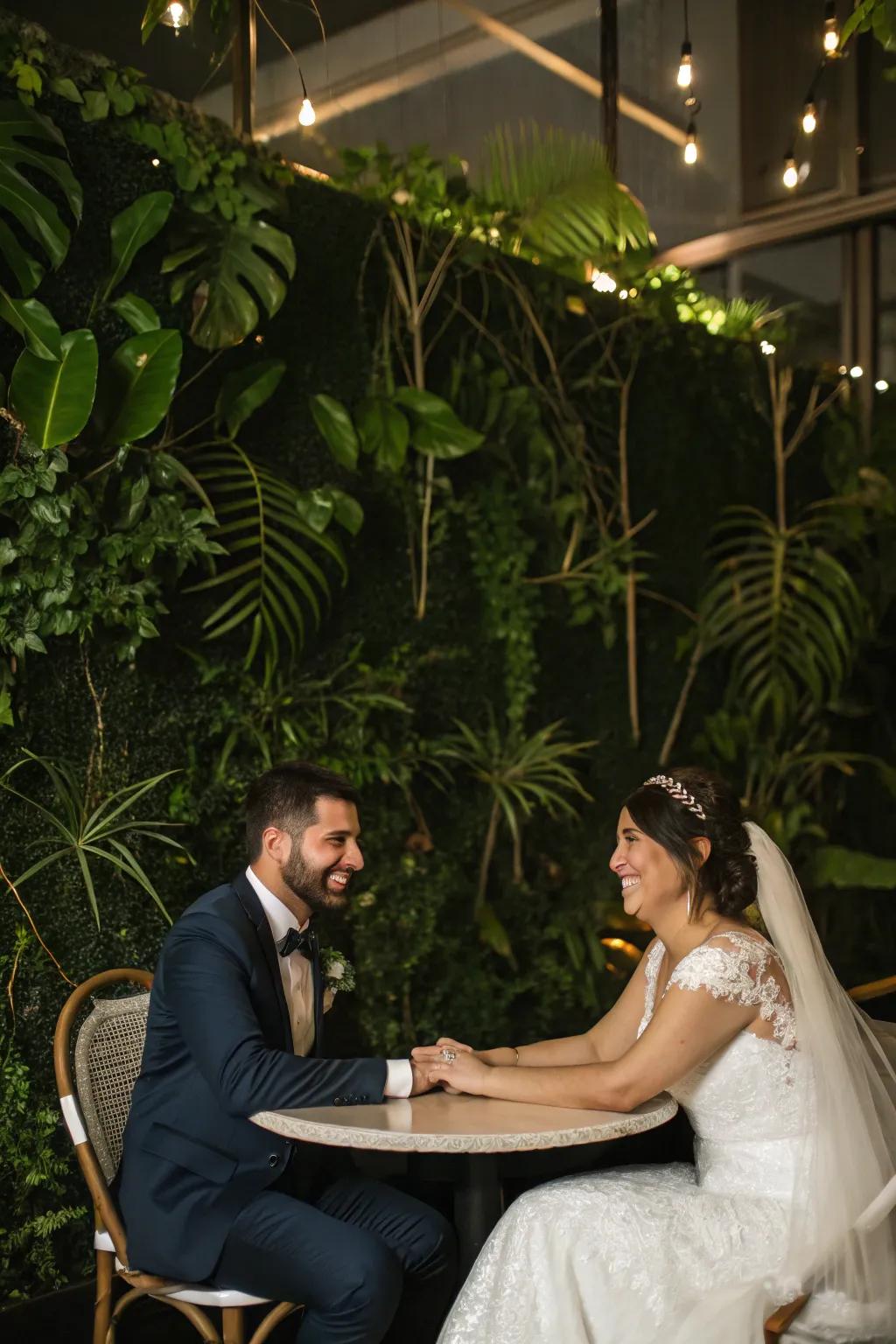 The bride and groom are seated at a table set against a lush foliage backdrop.