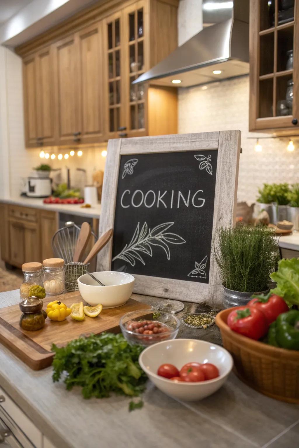 A kitchen chalkboard featuring a quote about cooking with love.