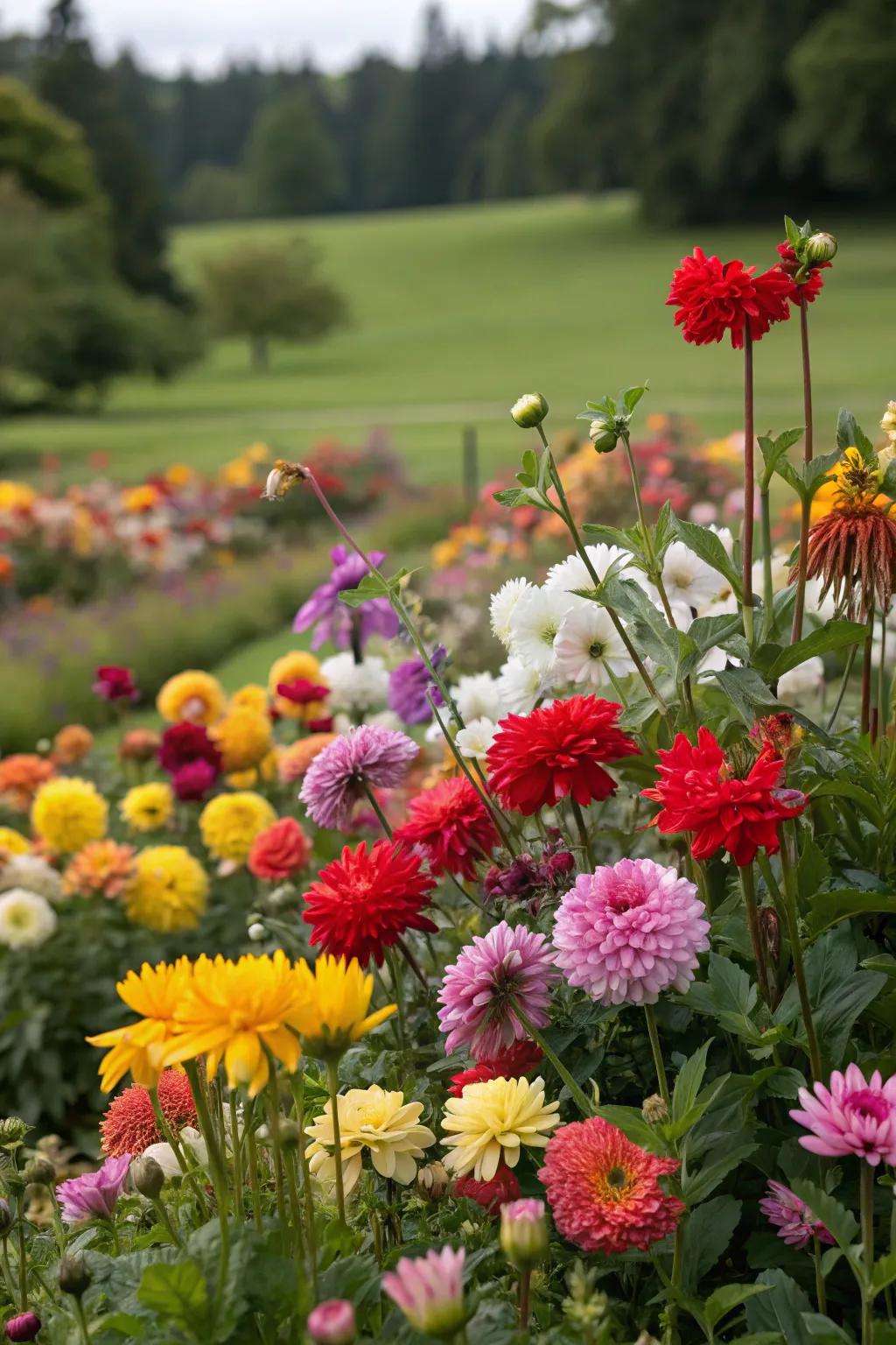 A lively assortment of vibrant flowers renders this flower bed a cheerful spectacle.
