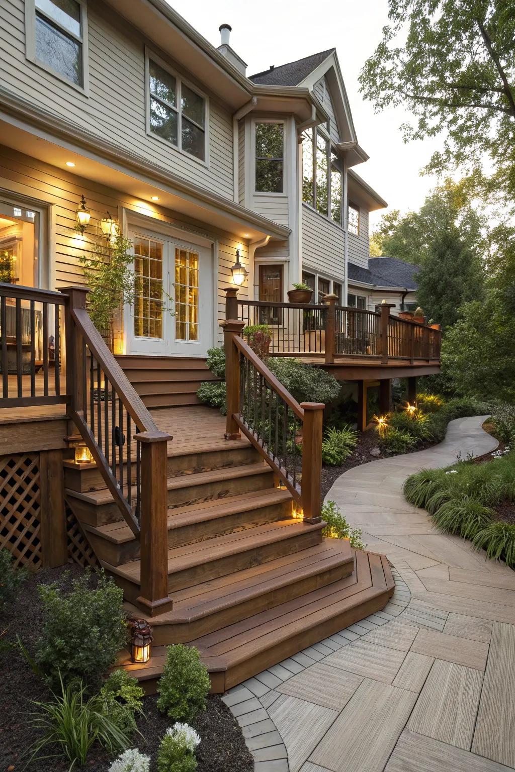 Changing porch levels add depth and interest to the entrance.