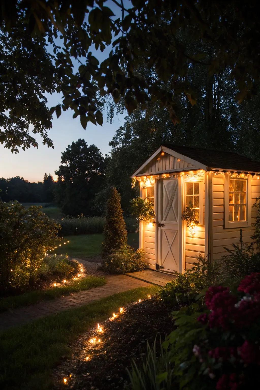 Illuminating accents can morph your shed into a captivating nighttime spectacle.