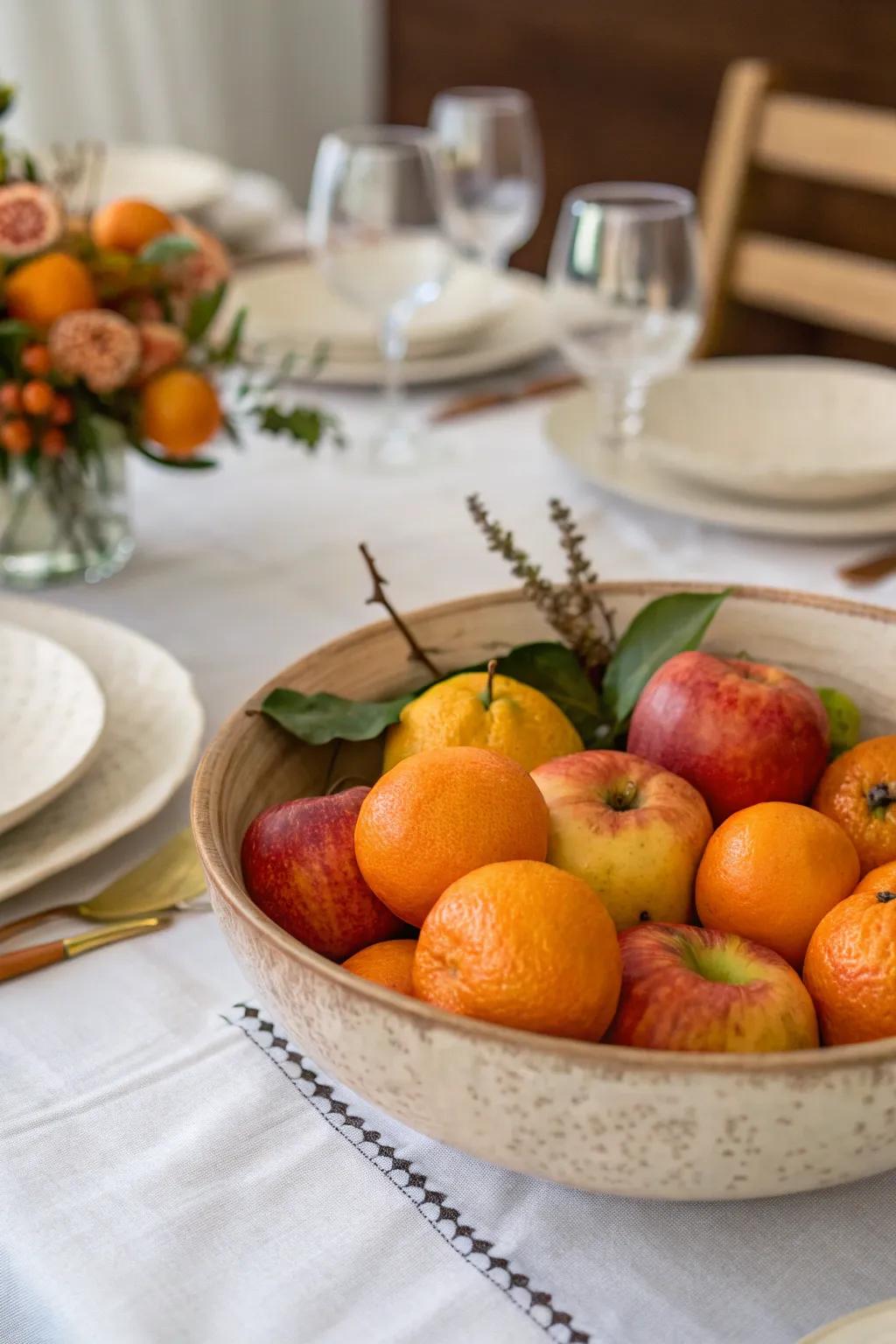 Seasonal fruits infuse the table with color and a sense of freshness.