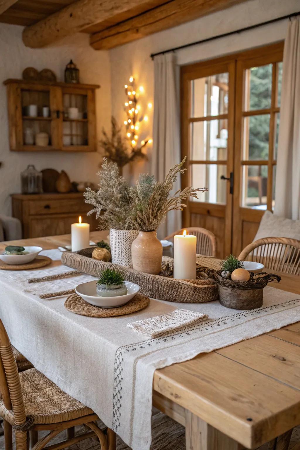 Muted colors designing a serene country table arrangement.