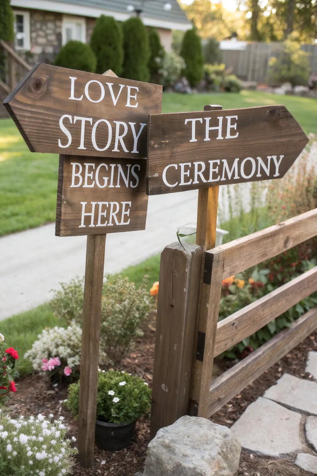 Homespun timbered markers direct guests and add personal charm.