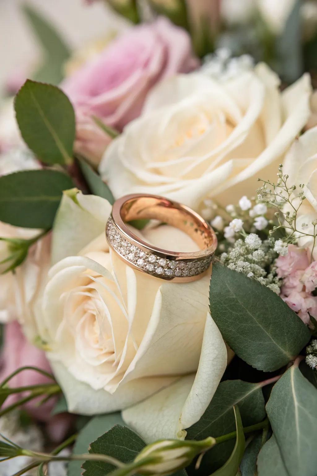 A romantic pink-tinted gold ring displayed against a delicate floral background.