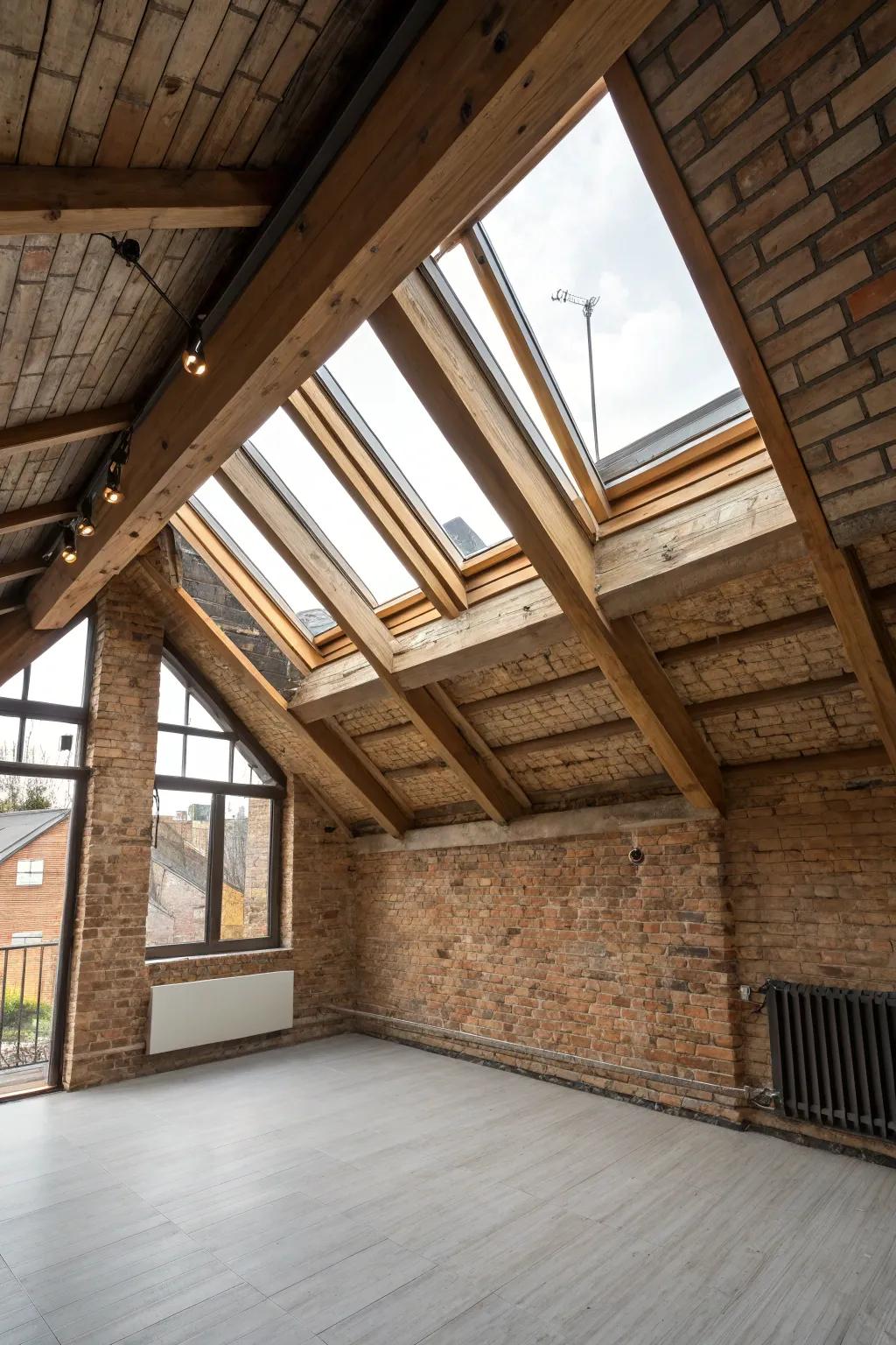 A loft area using an angled skylight trim.