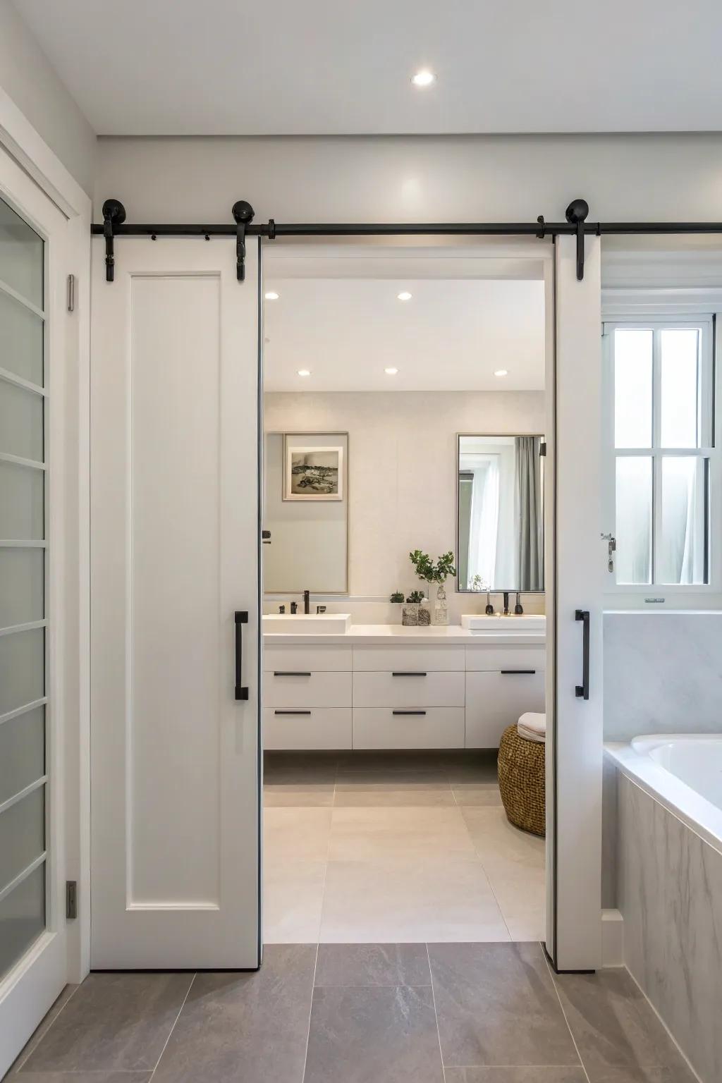 Minimalist hardware on sliding doors lends this bathroom an elegant touch.