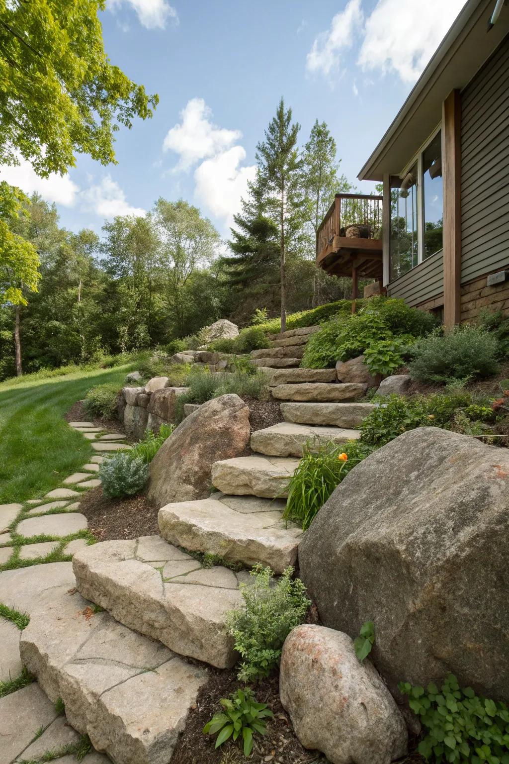 Natural stone elements add rustic charm to a sloped yard.