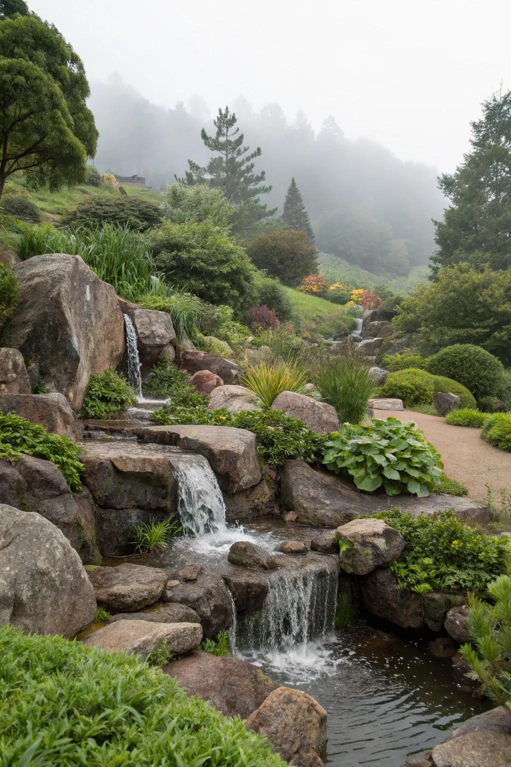 A falls adds tranquility to a sloped landscape.