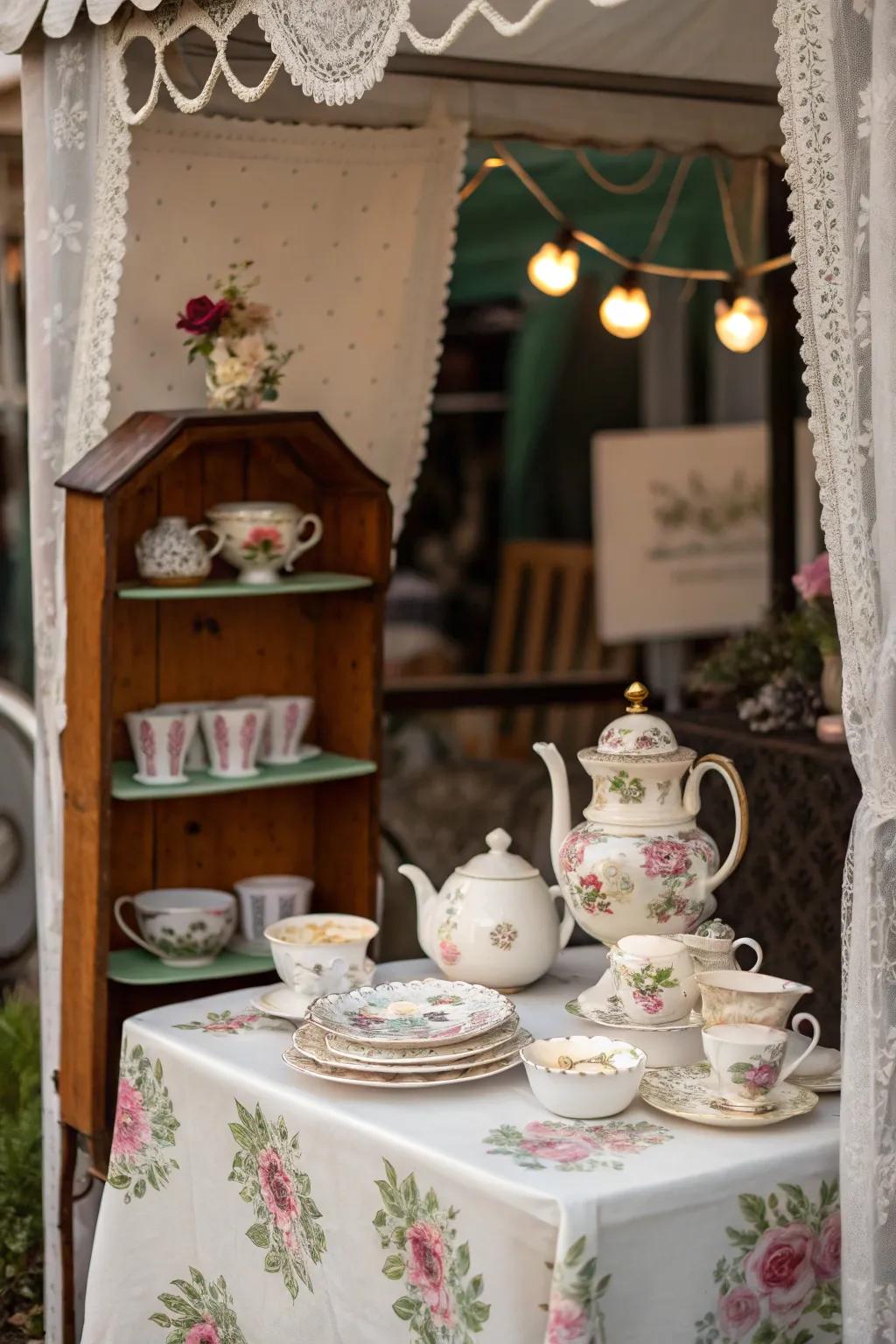 Thematic assembly of a historic tea set and floral tableware
