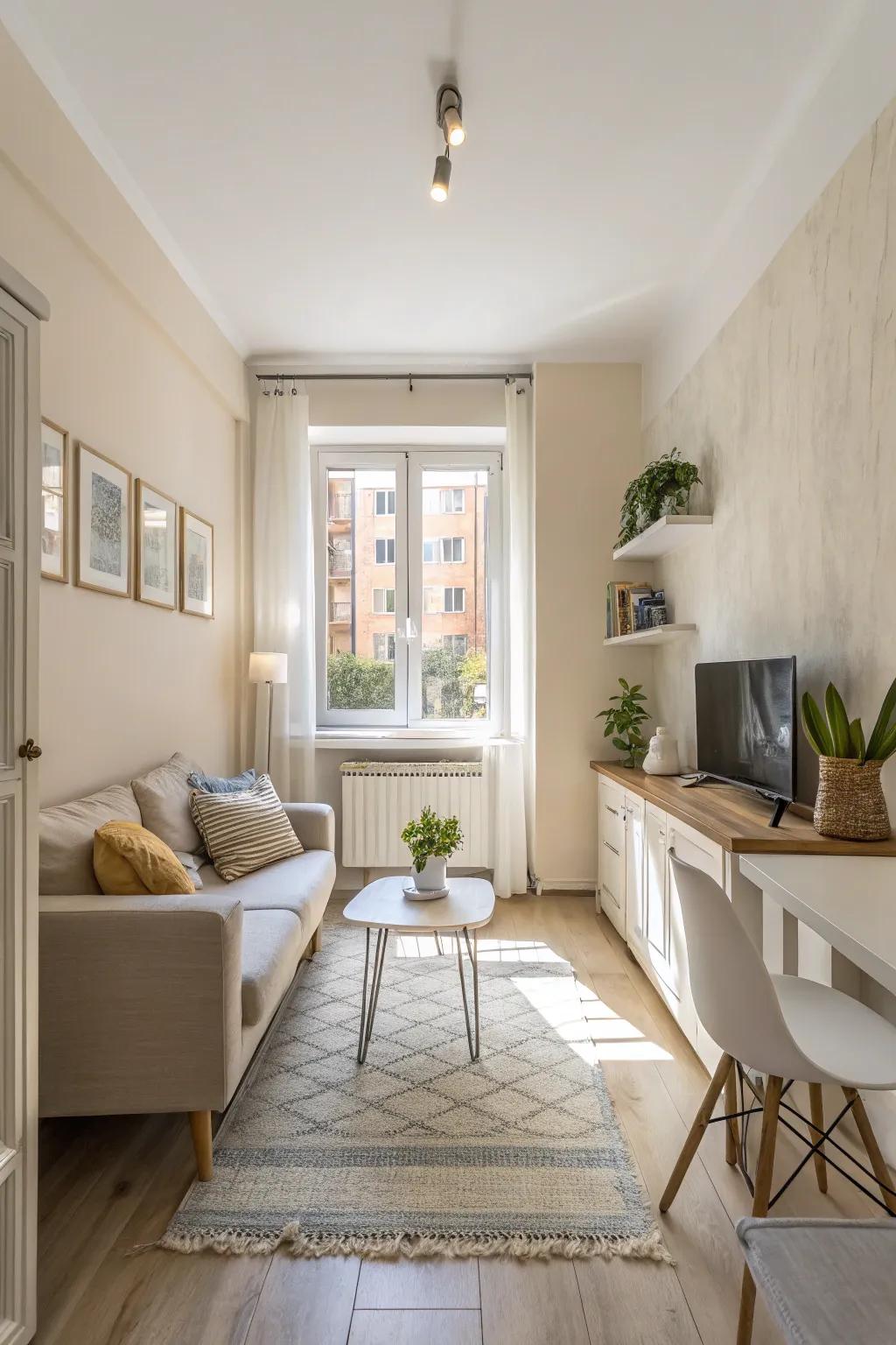 Light colors result in a breezy and spacious ambiance in a small apartment.