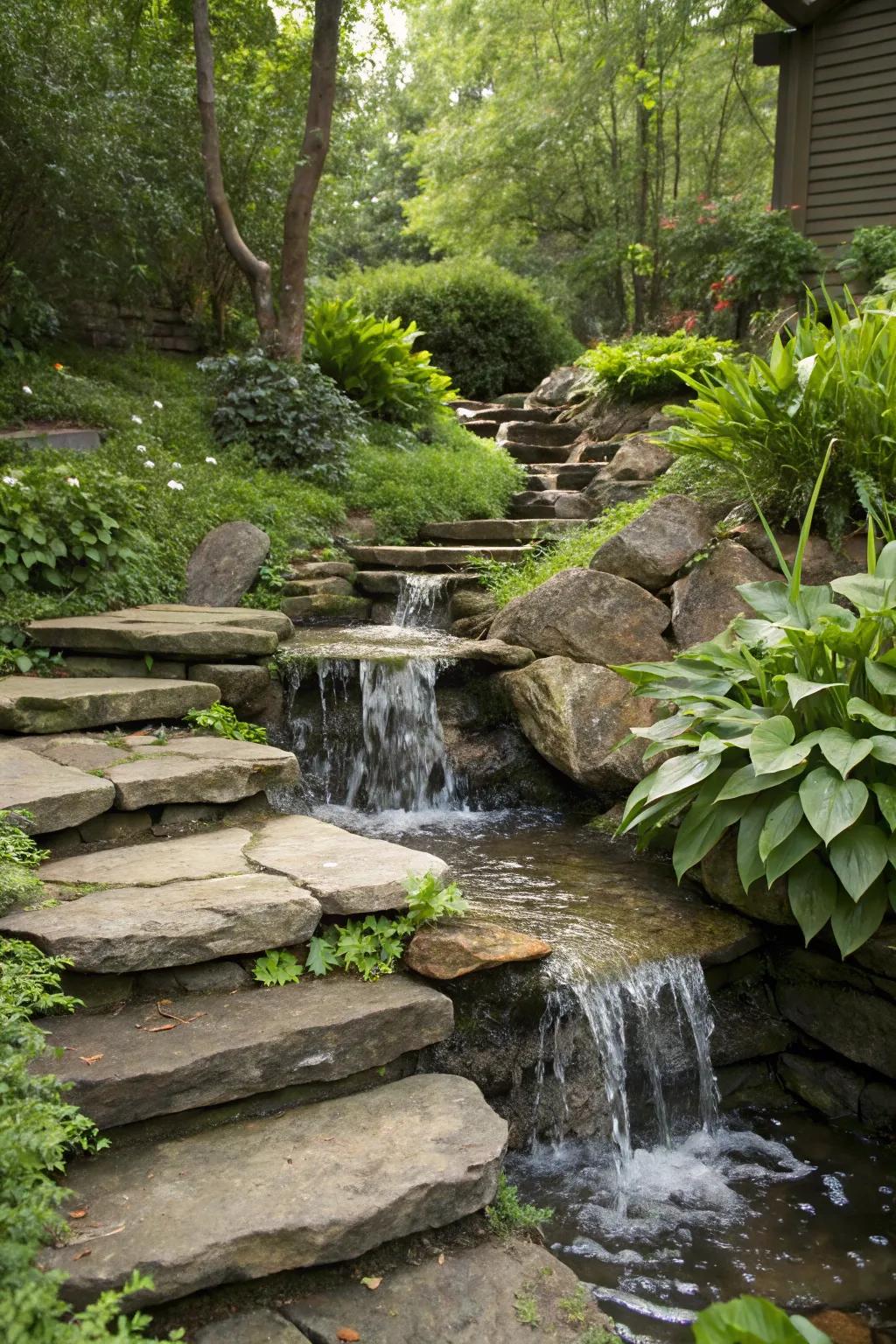 A graded stone waterfall presents a simple, yet refined water element.