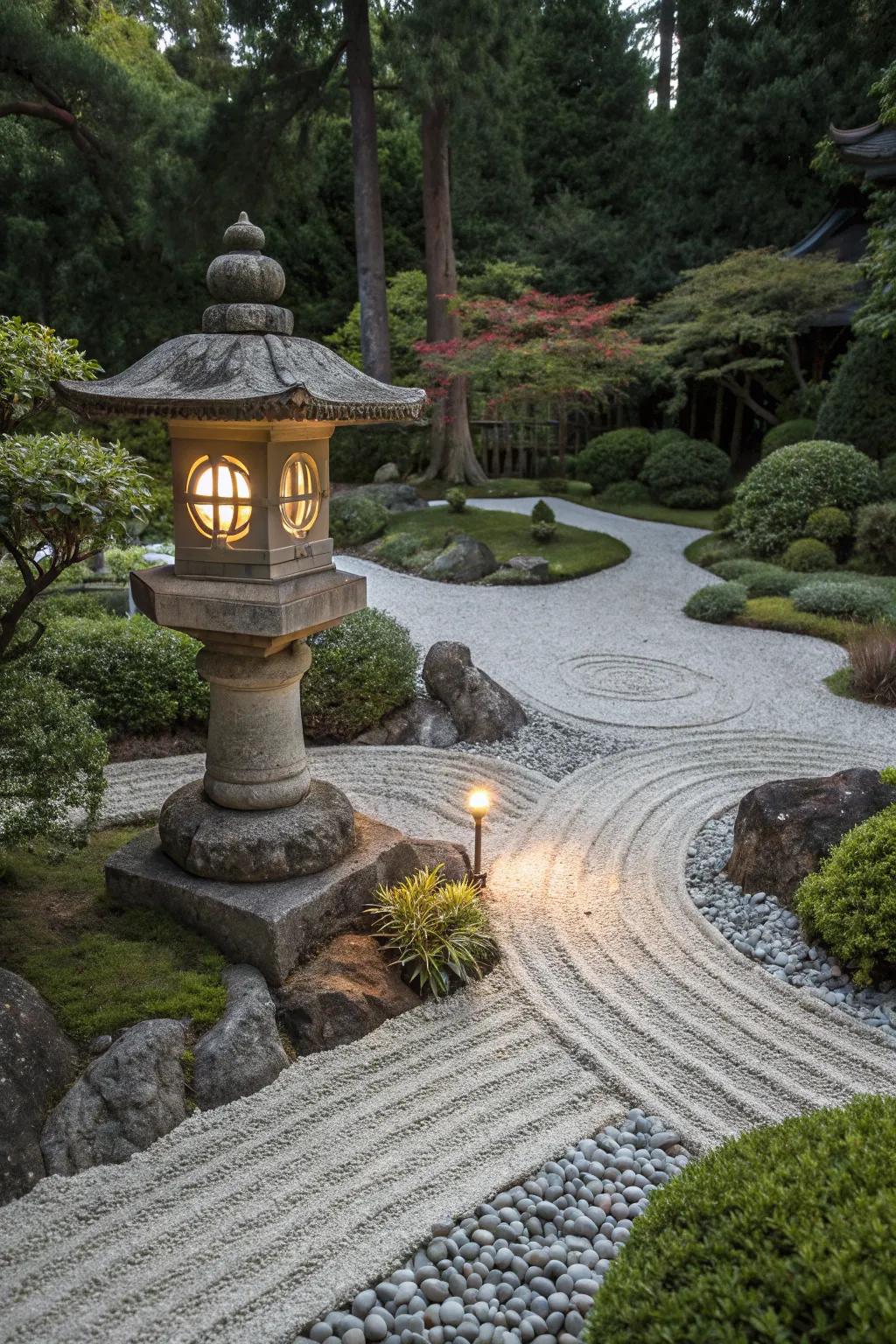 A zen garden showcasing a traditional stone luminary amidst stones and flora.