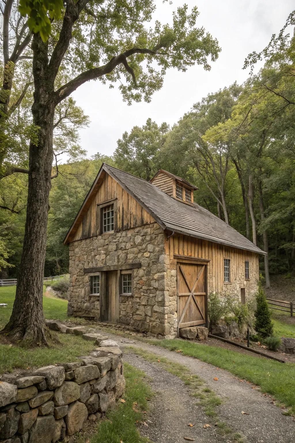 A barn harmoniously assimilated into its natural environment.