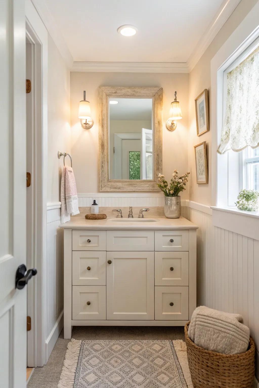 A pale-shaded vanity that introduces illumination and a feeling of area to a compact restroom.