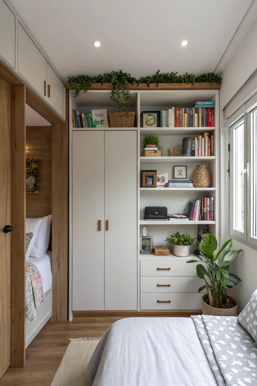 A small bedroom utilizing wall-mounted shelves and cabinets for efficient storage.