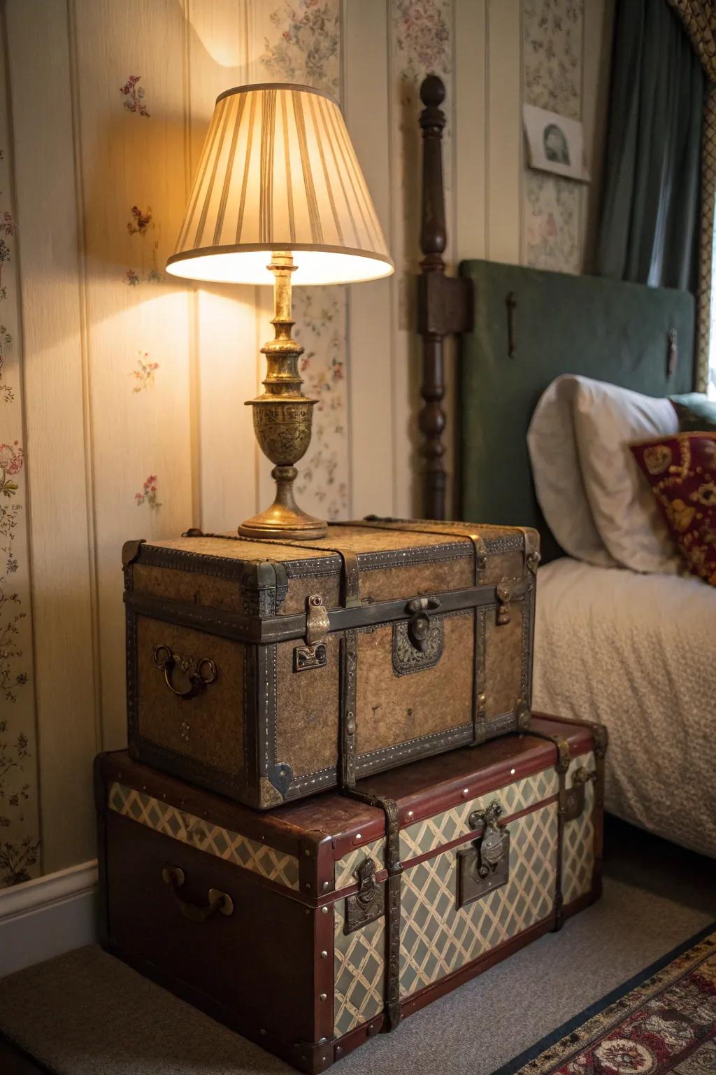 Piled classic chests act as a stylish and functional bedside table.