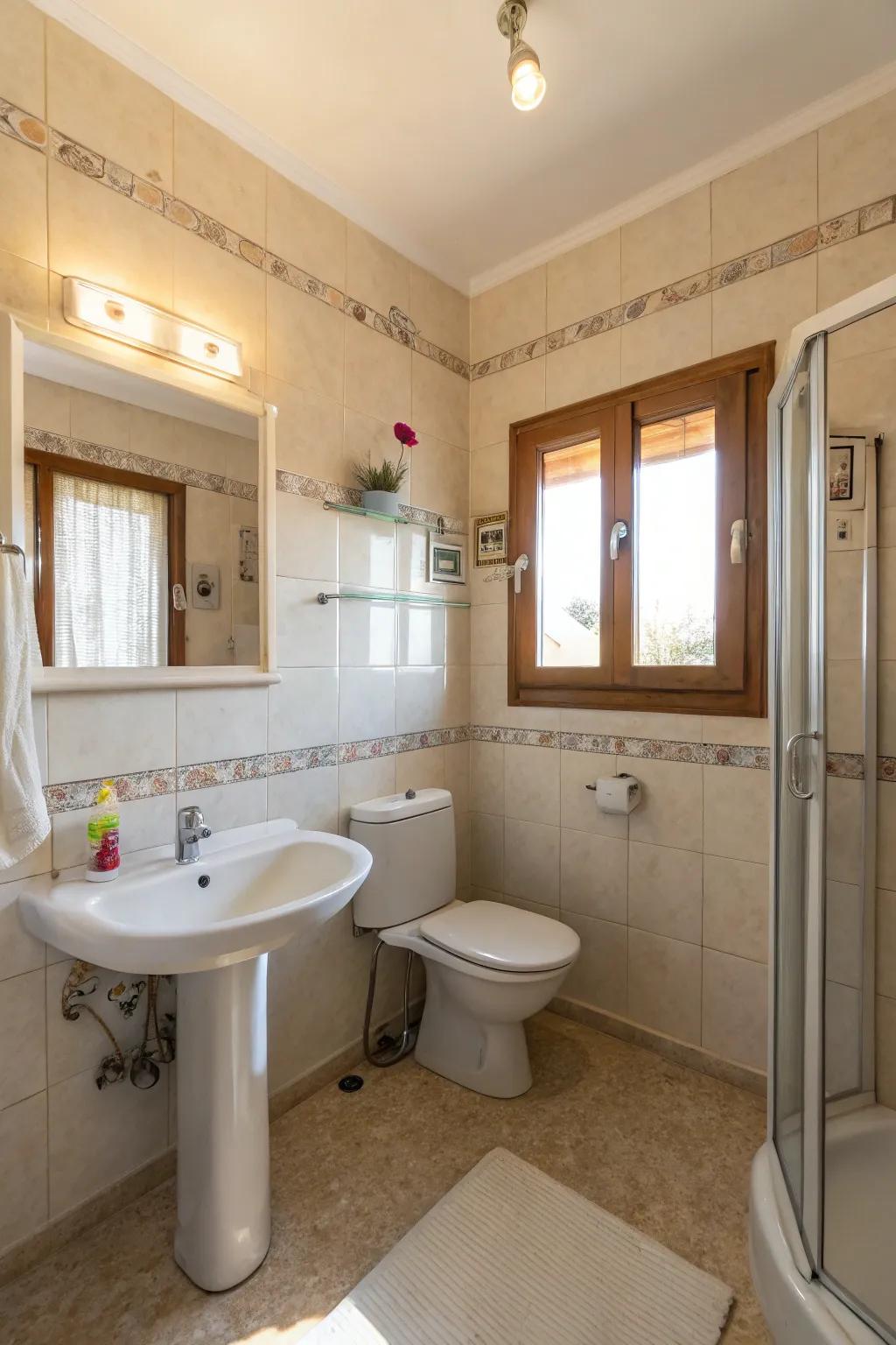 A luminous small bathroom enhanced with combined natural and artificial illumination.