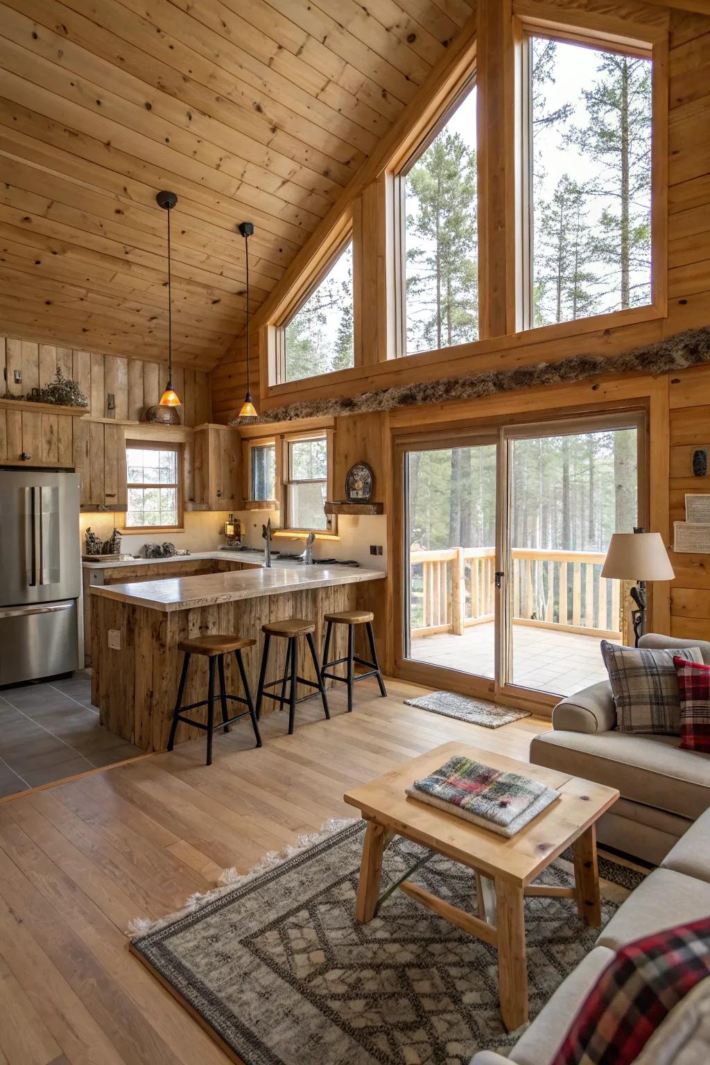 An open floor plan in a small cabin, combining kitchen and living areas.