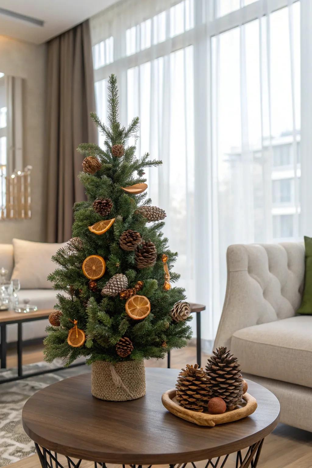 Natural elements bring a cozy, organic feel to this small Christmas tree.