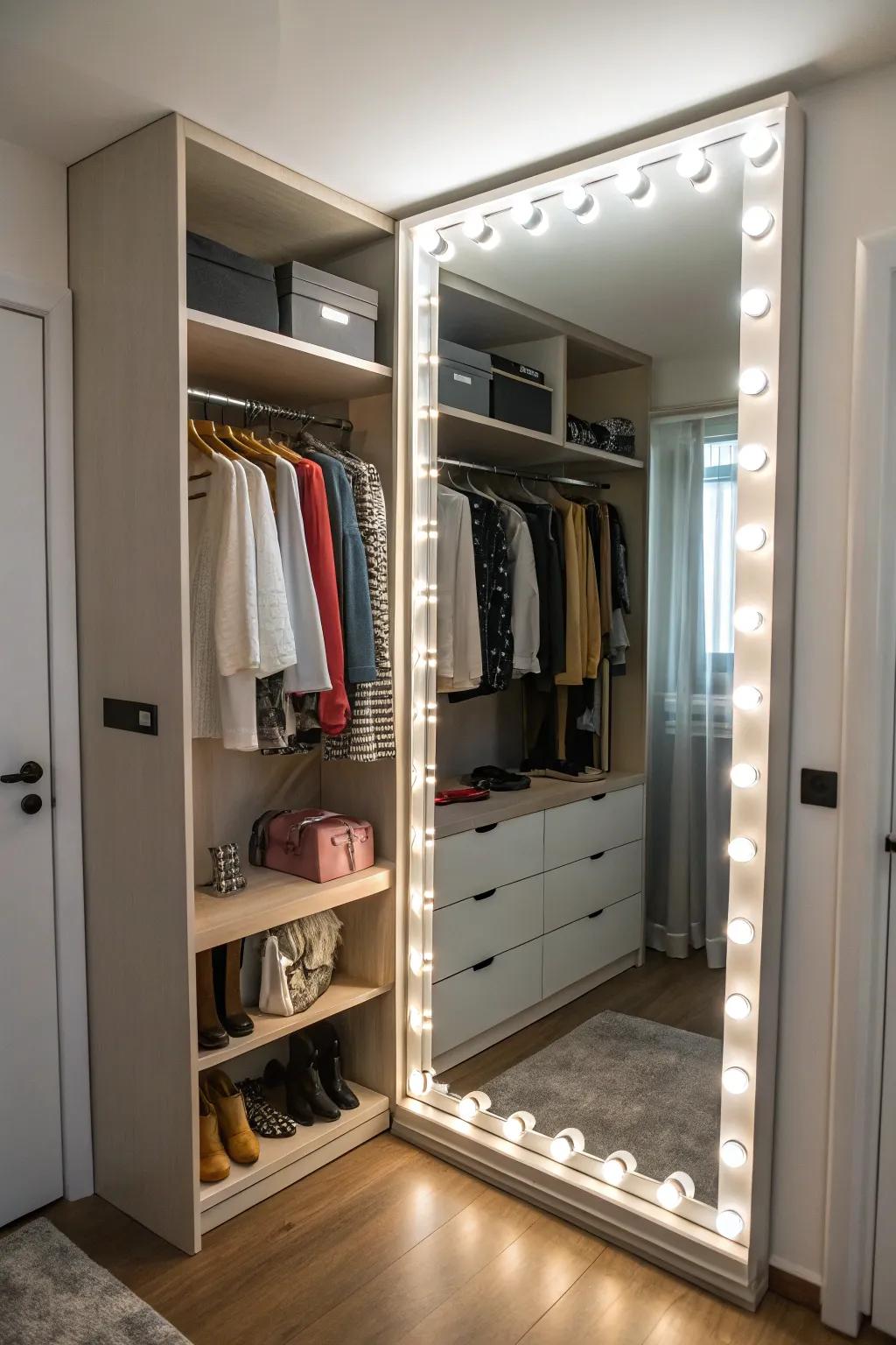 A mirror with lights enhances both function and style.