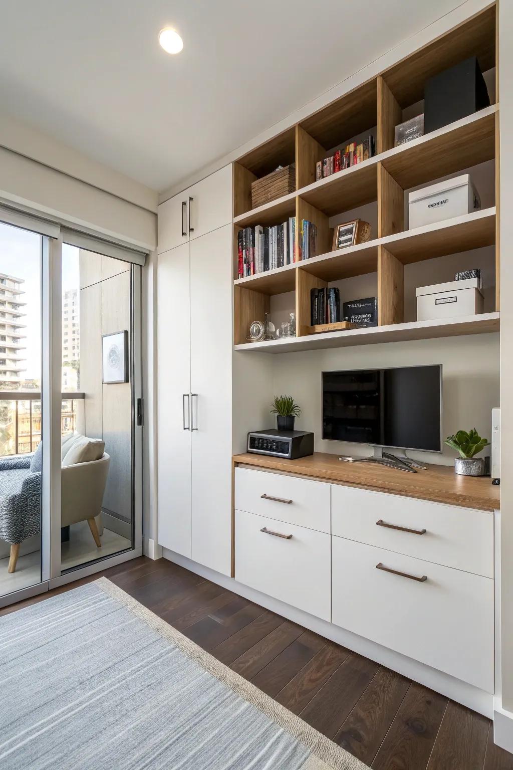 Effective storage solutions maintain condo organization.