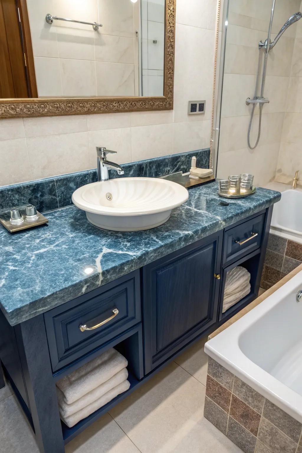 Blue marble countertops impart elegance and natural beauty to the bathroom.
