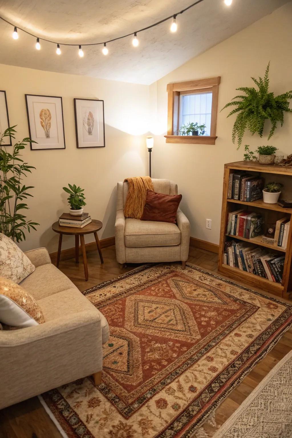 Rugs introduce warmth and define spaces within a den.