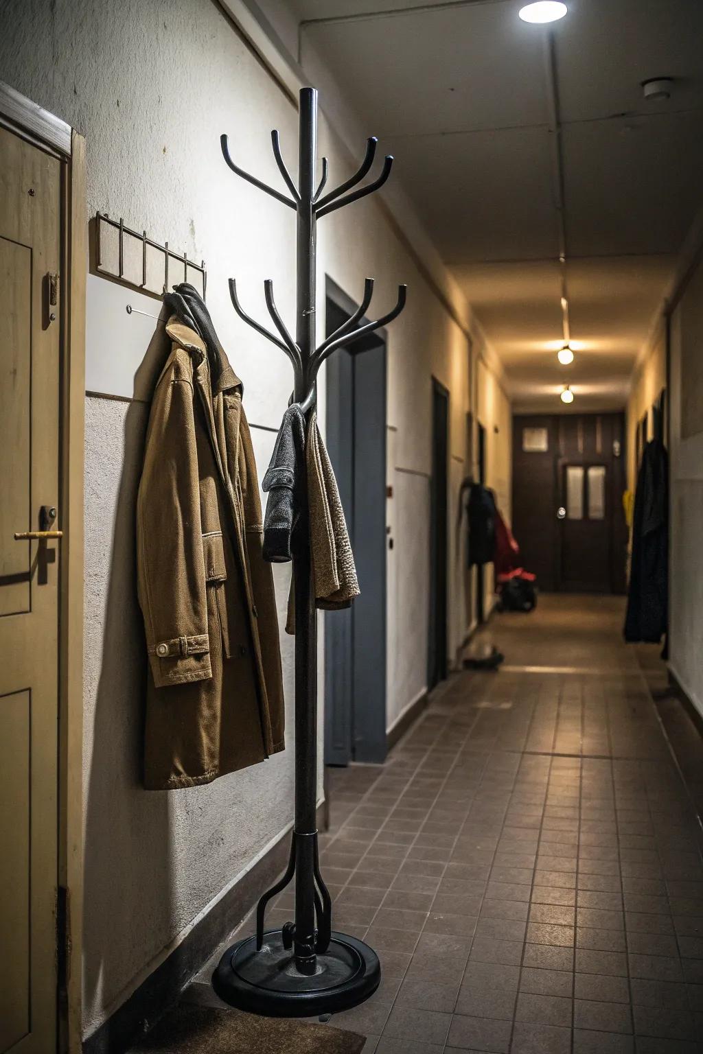 A space-efficient garment stand suitable for narrow hallways.