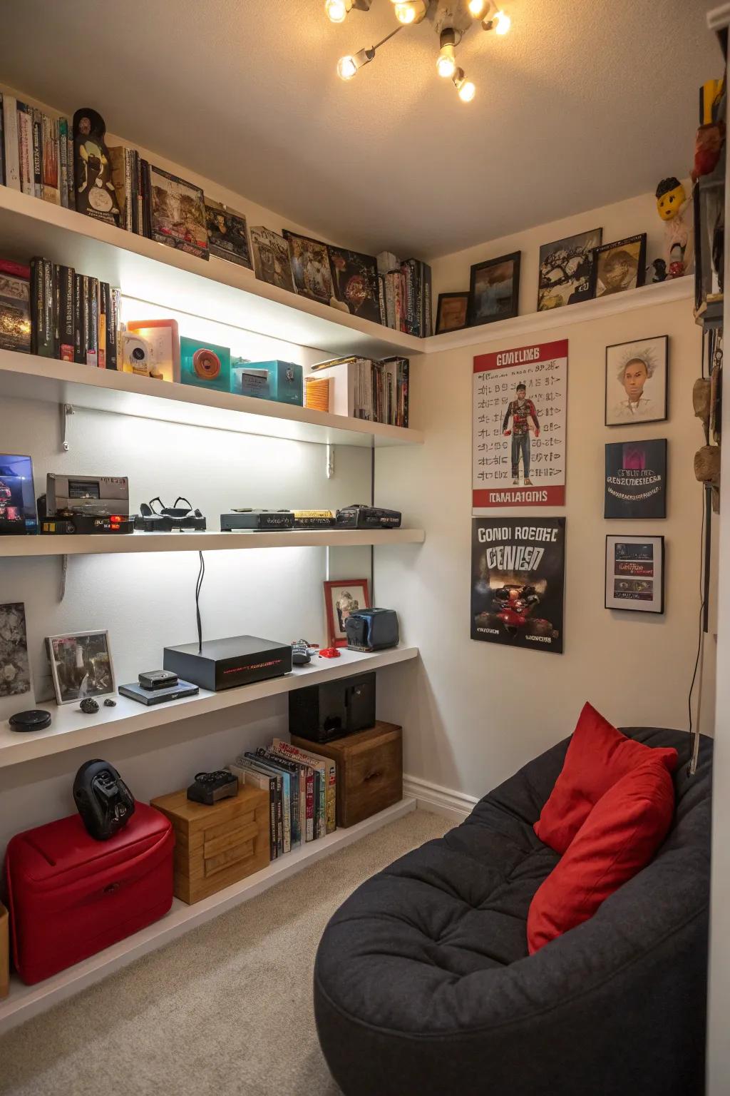 Hanging racks offer smart storage for gaming necessities.