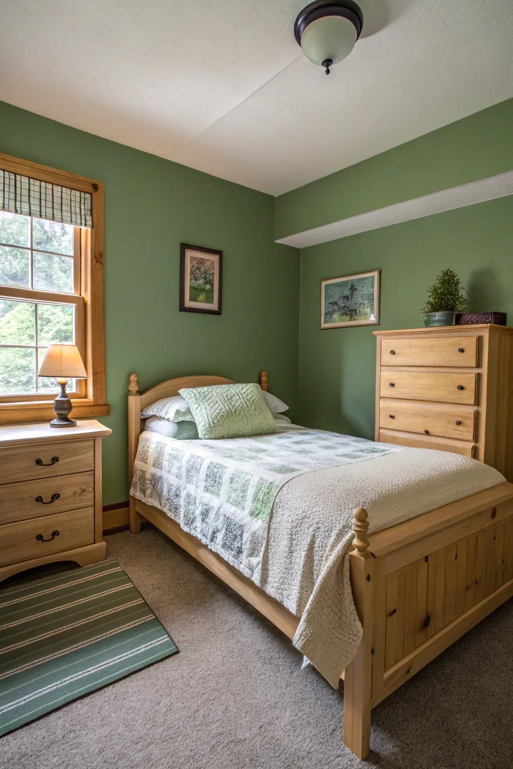 Pale timber furnishings add warmth to a verdant bedroom.