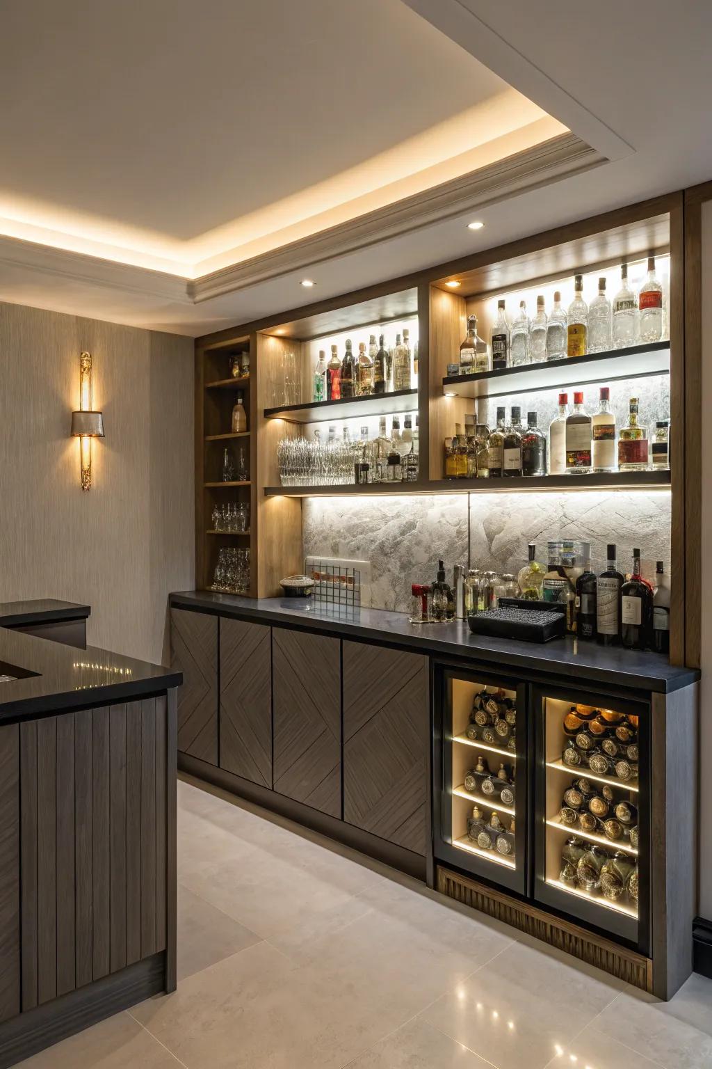 Spot lighting can significantly amplify the ambiance of your home bar.