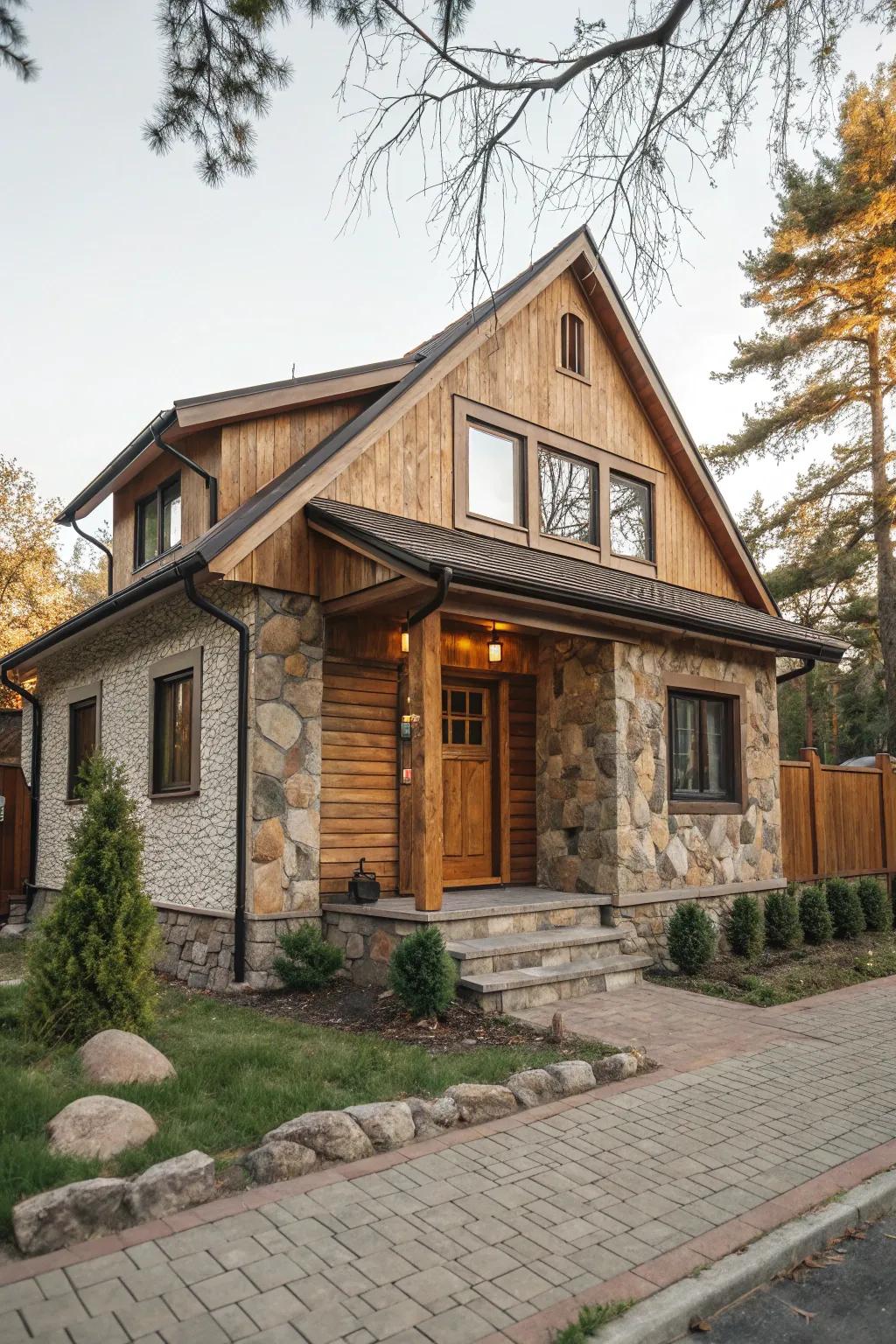 Textured materials such as wood and stone enrich your exterior’s visual appeal.