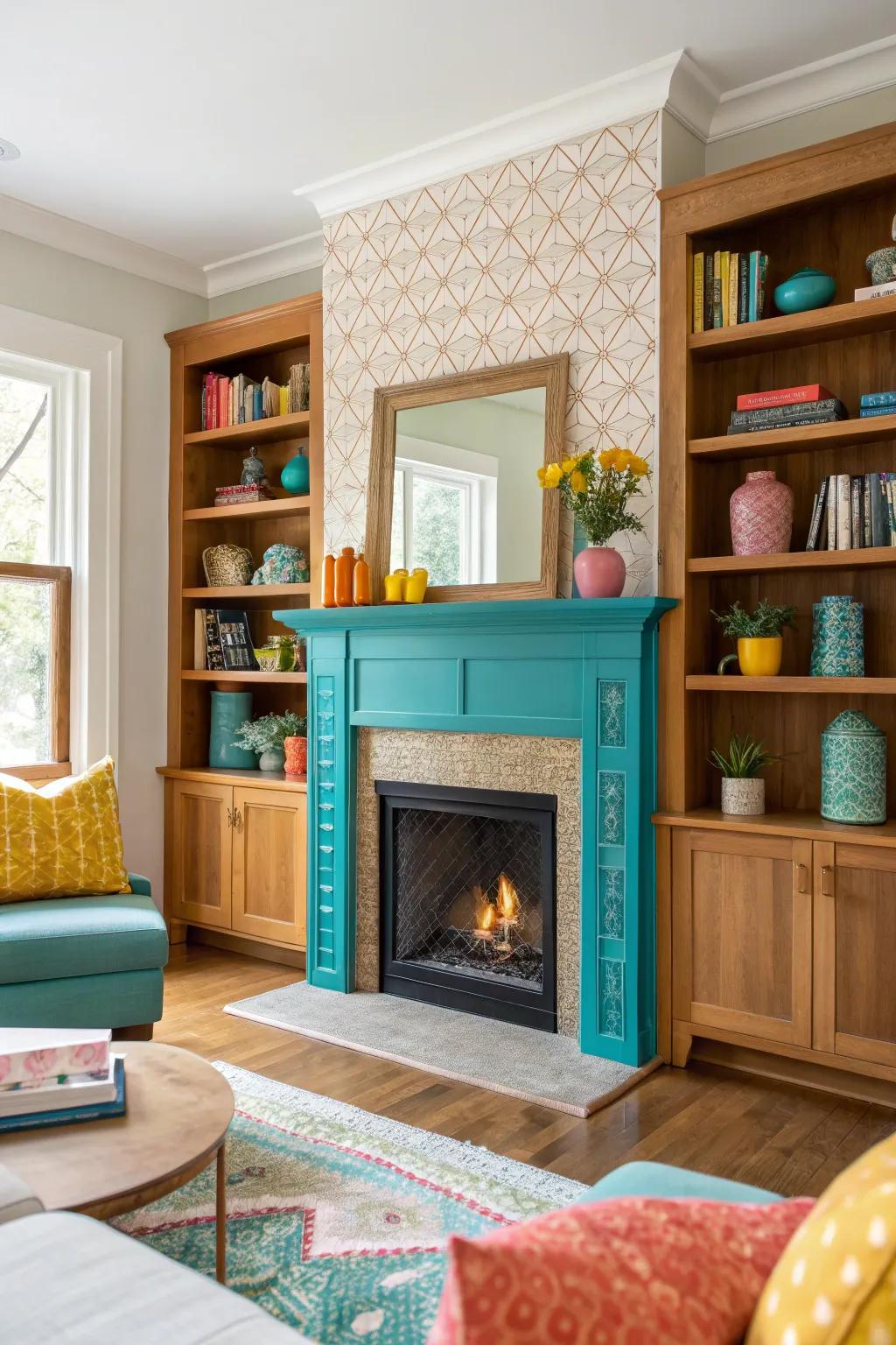 Shelves built around the fireplace offer storage and style, optimizing every inch in your compact living room.