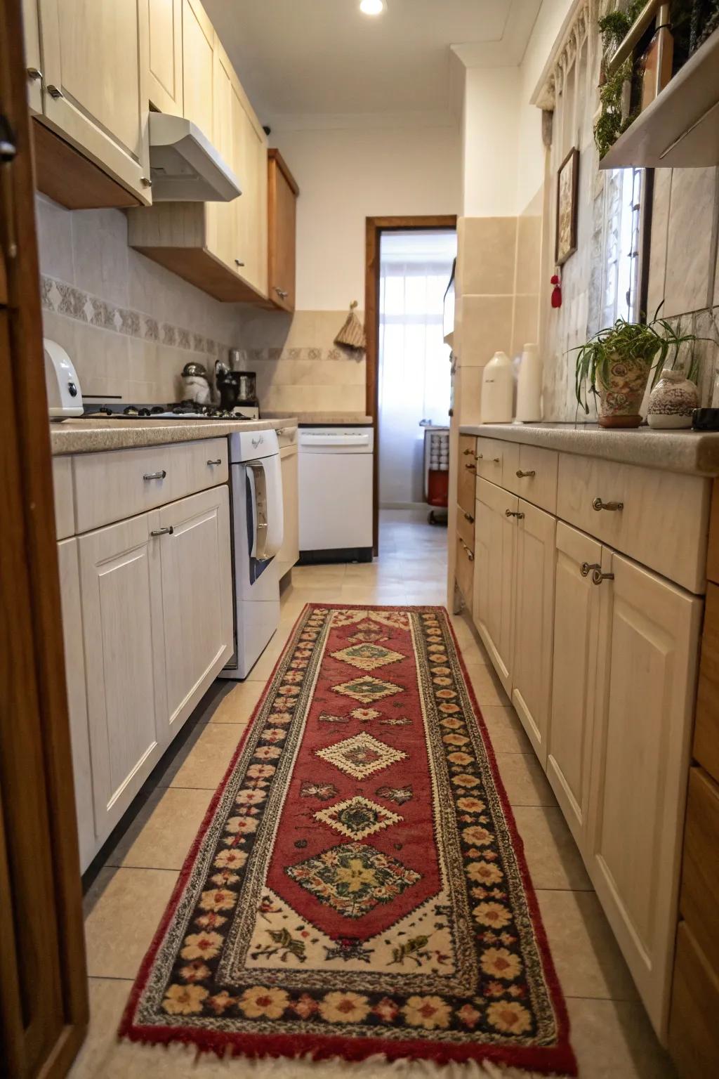 A vibrant runner infuses this kitchen with allure and individuality.