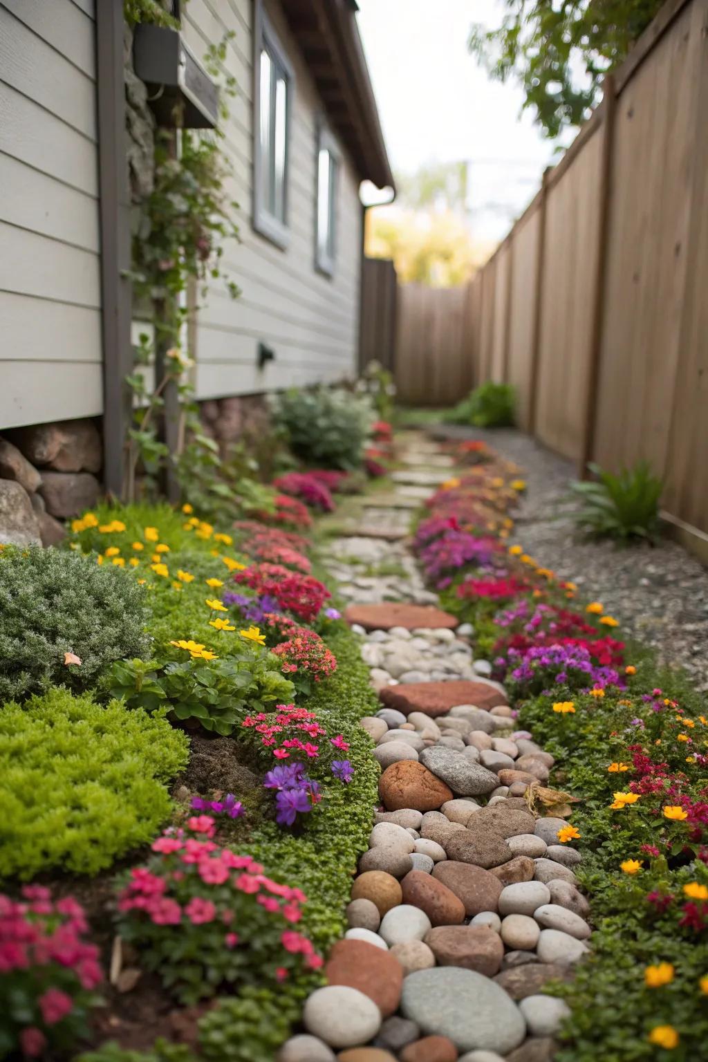 Decorative surface cover provides color and texture to narrow side yards.