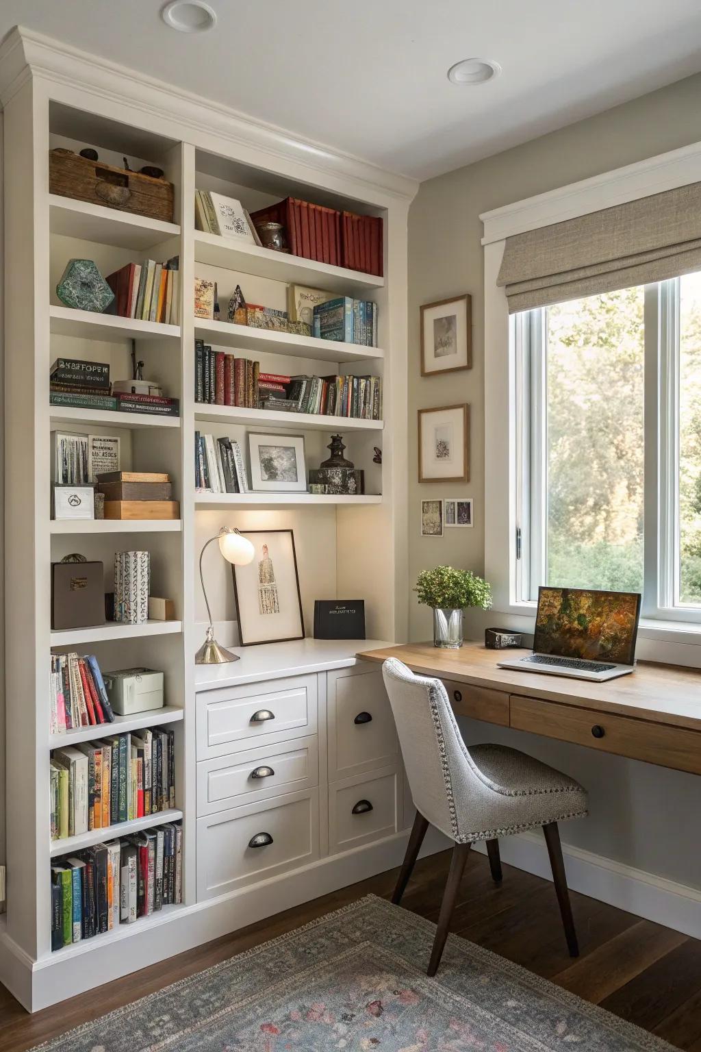 Shelving optimizes storage without sacrificing style.