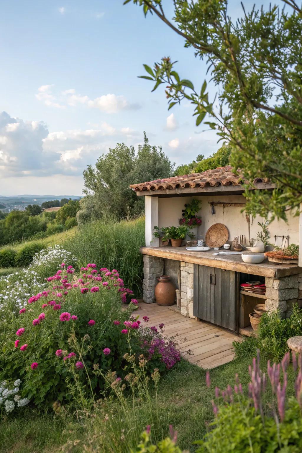 Botanicals accentuate the innate charm of an outdoor cooking area.