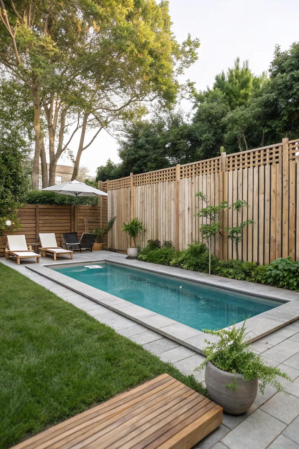 A timber privacy barrier establishes a secluded and intimate pool space.