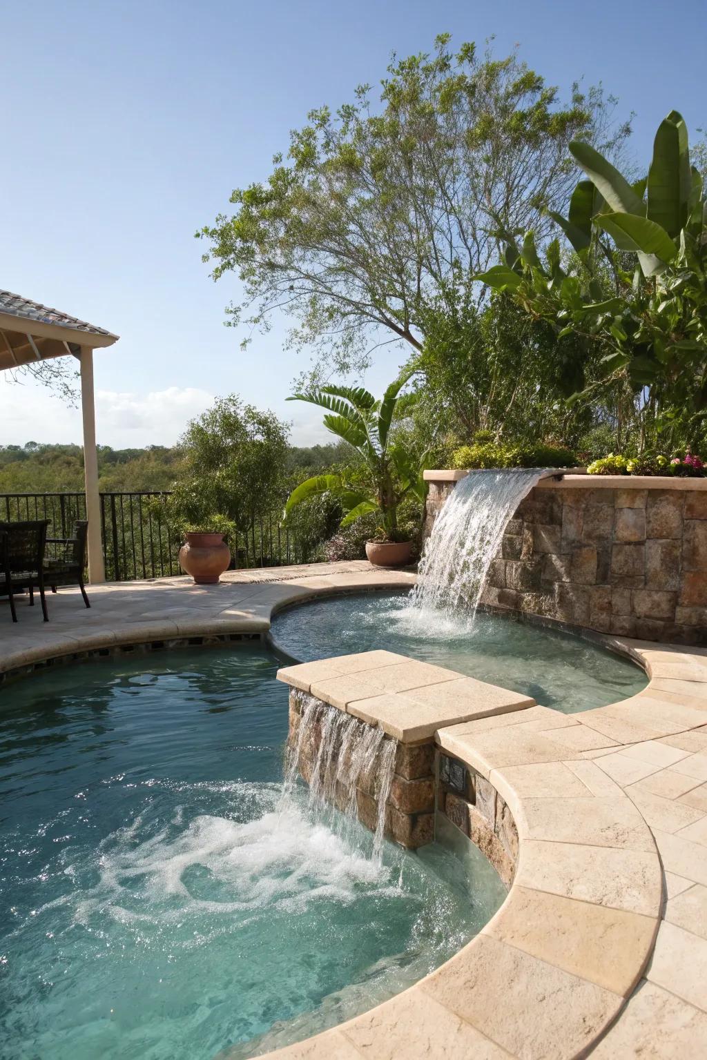 Overflowing hot tubs provide a synthesis of unwinding and aesthetic interest.