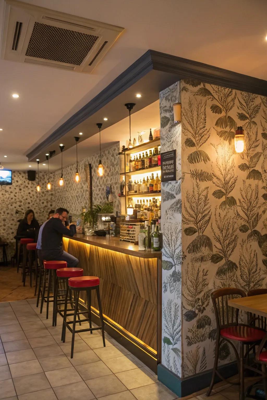 A dramatic accent wall imbuing character into a cozy restaurant bar.