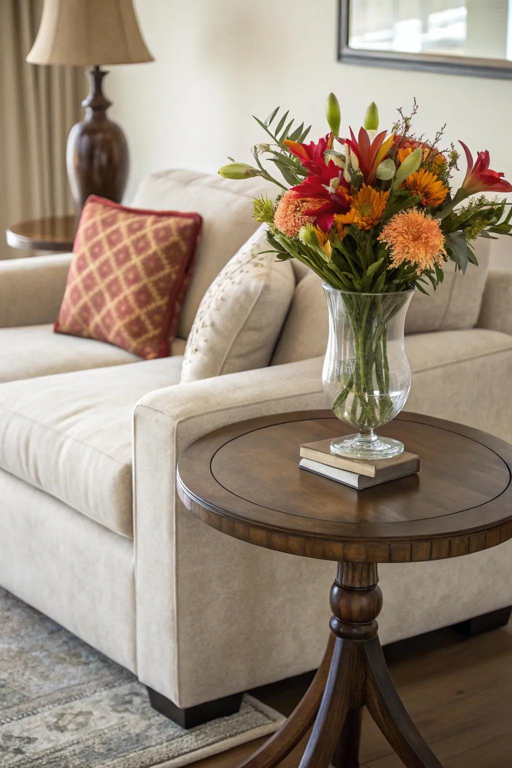Circular tables soften edges in angular areas.