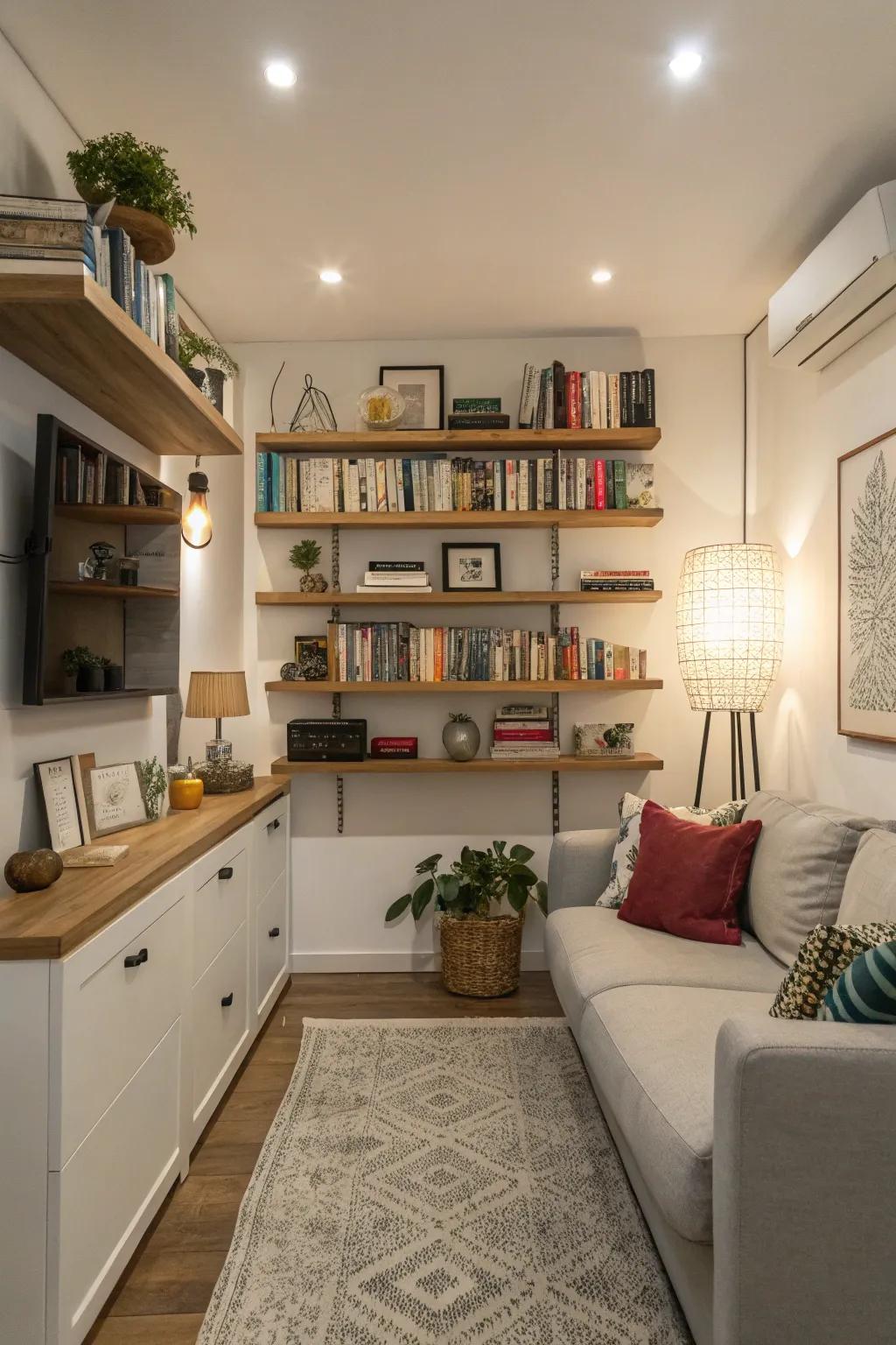 Wall-mounted shelving offers space-conscious solutions and injects personality.