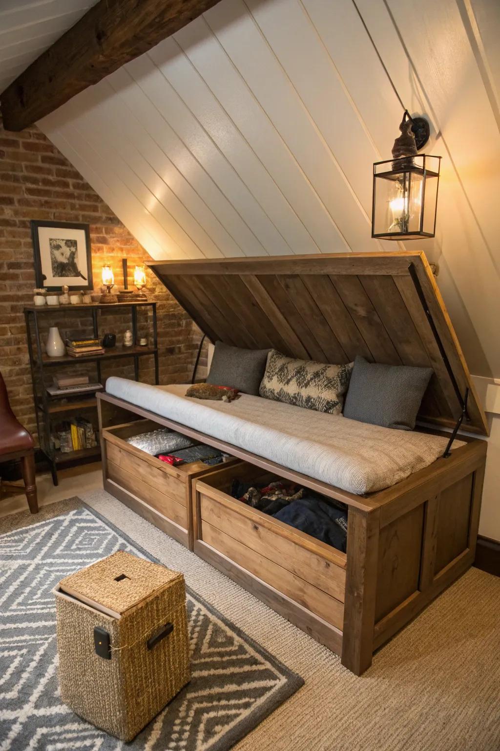 A storage bench is both practical and attractive in a sloping attic.