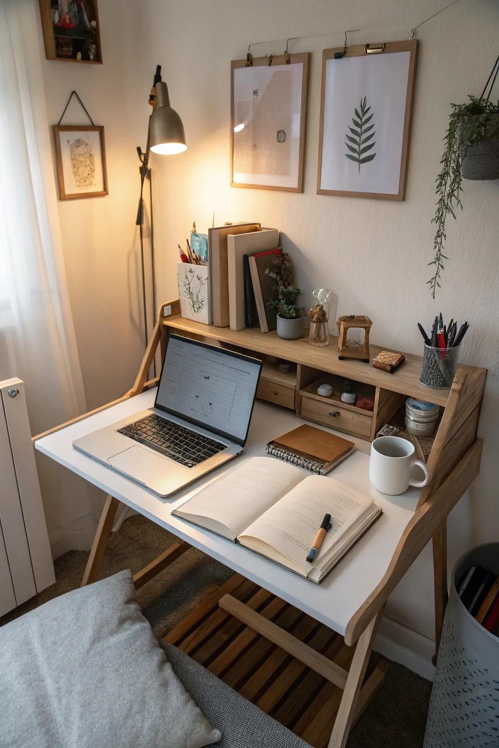 Folding desks provide a practical workspace without permanent commitment.