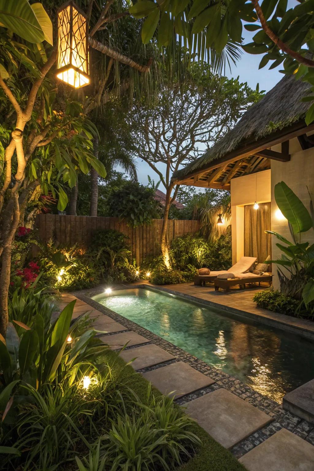 Ambient illumination transforms your pool area into a captivating nighttime sanctuary.
