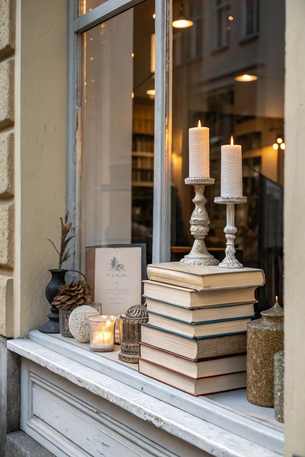A fashionable combination of books and decoration in a small window display.
