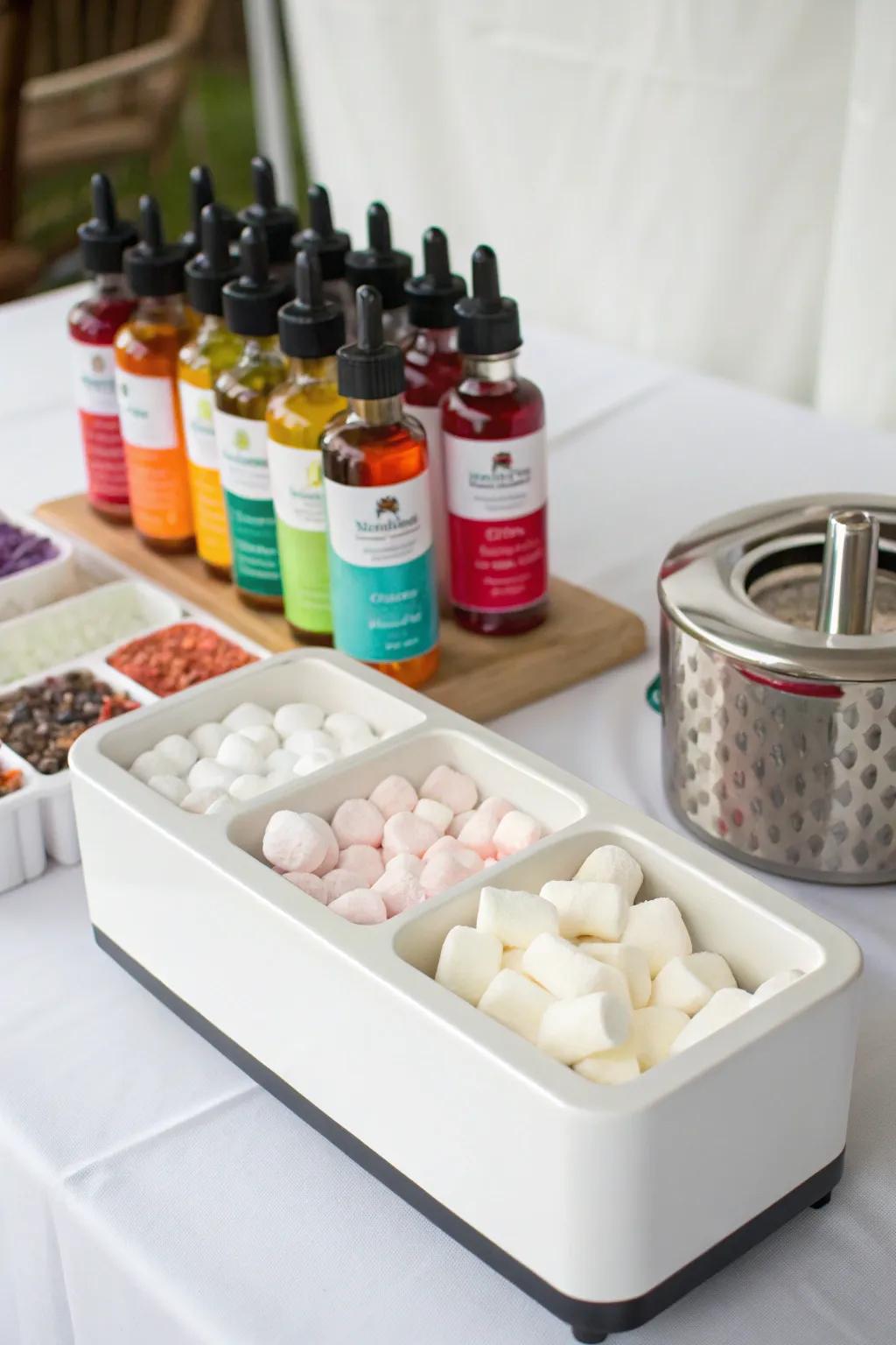 Allow guests to flavor their marshmallows for a customized s'mores experience.